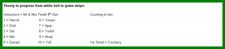 Text Box: Theory to progress from white belt to green stripe:Instructors = Mr & Mrs Fendt 4th Dan				Counting to ten:1 = Hanna                     6 = Yosaul2 = Dool                        7 = Ilgop3 = Set                          8 = Yodoll4 = Net                          9 = Ahop5 = Dasaul                   10 = Yoll					1st Tenet = Courtesy